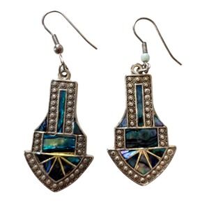 Art Deco Abalone Shell Geometric Inlay Silver Tone Drop Dangle Earrings 2 Inch